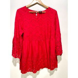 Cal style embroidered babydoll blouse red festive cotton casual gypsy women 2XL